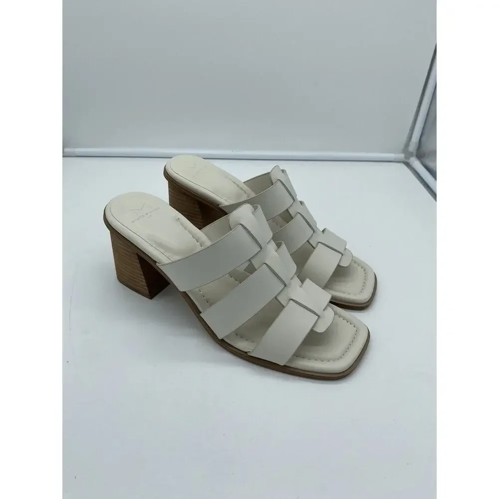 New Marc Fisher LTD Louisa Leather Block Heel Slip On Mules Woven Ivory Size 11M